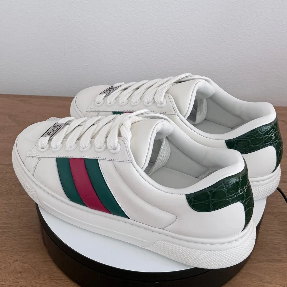 Gucci Ace White Leather Web Stripe Sneakers Green Croc Heel 791394 Mens UK 9
